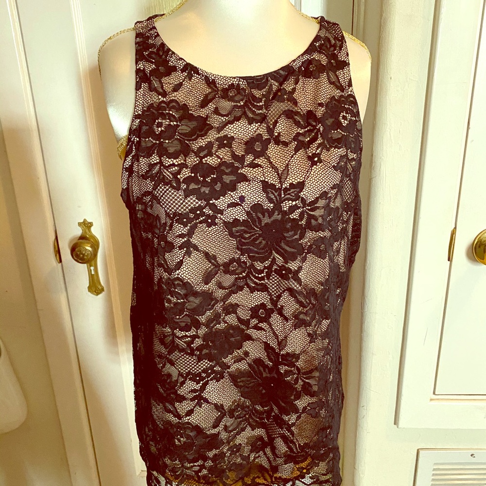 Black and nude lace short sleeve blouse